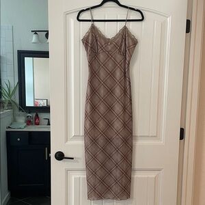 Sleeveless Brown Plaid Maxi Slip Dress with Lace Trim
